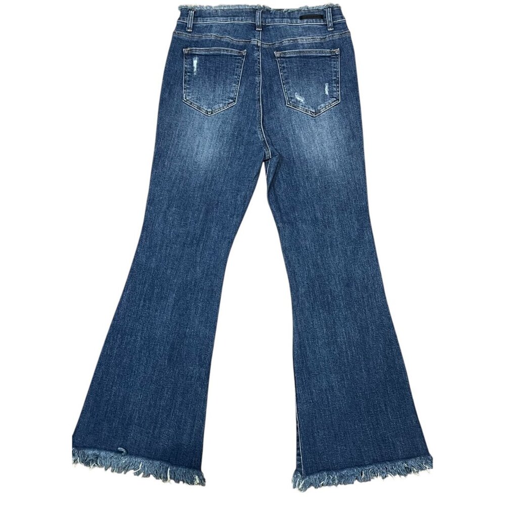 Risen Women Jeans RAW EDGE WAIST W FRAYED HEM FLARE Blue Distressed 32/15 NWT - Picture 4 of 16